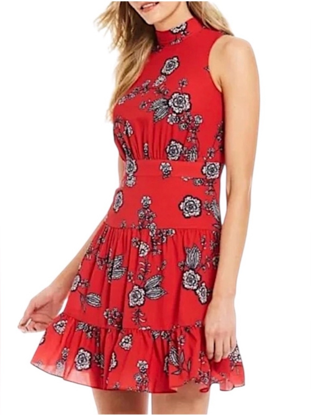 Eliza J Red Floral Sleeveless Mock Neck Mini Dress